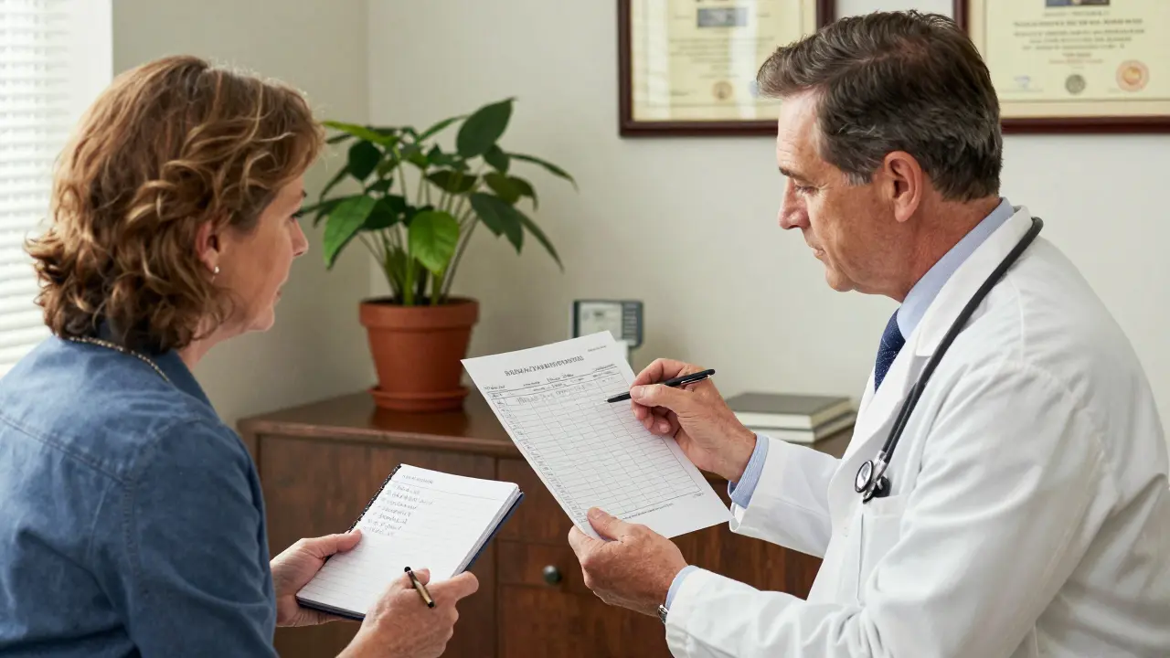 A woman and her endocrinologist reviewing lab results together in a cozy office, with a notebook and medical charts on the table.