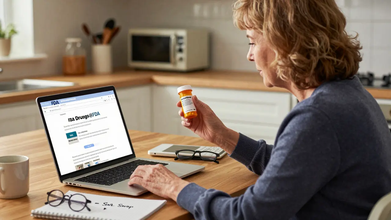 A woman at home reviewing the FDA website on her laptop, comparing brand and generic drug names.