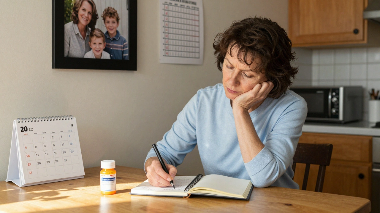 A woman logs her medication transition in a journal, with cholesterol charts and a pill bottle on her kitchen table.