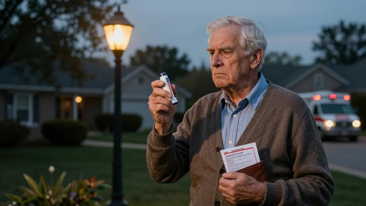 An elderly man prepares to use his inhaler after a red-zone peak flow reading, standing quietly in his backyard at dusk.
