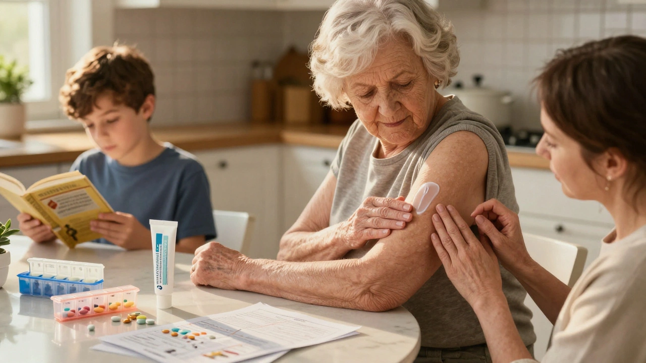 An elderly woman applies a custom hormone cream at her kitchen table with her grandson nearby.