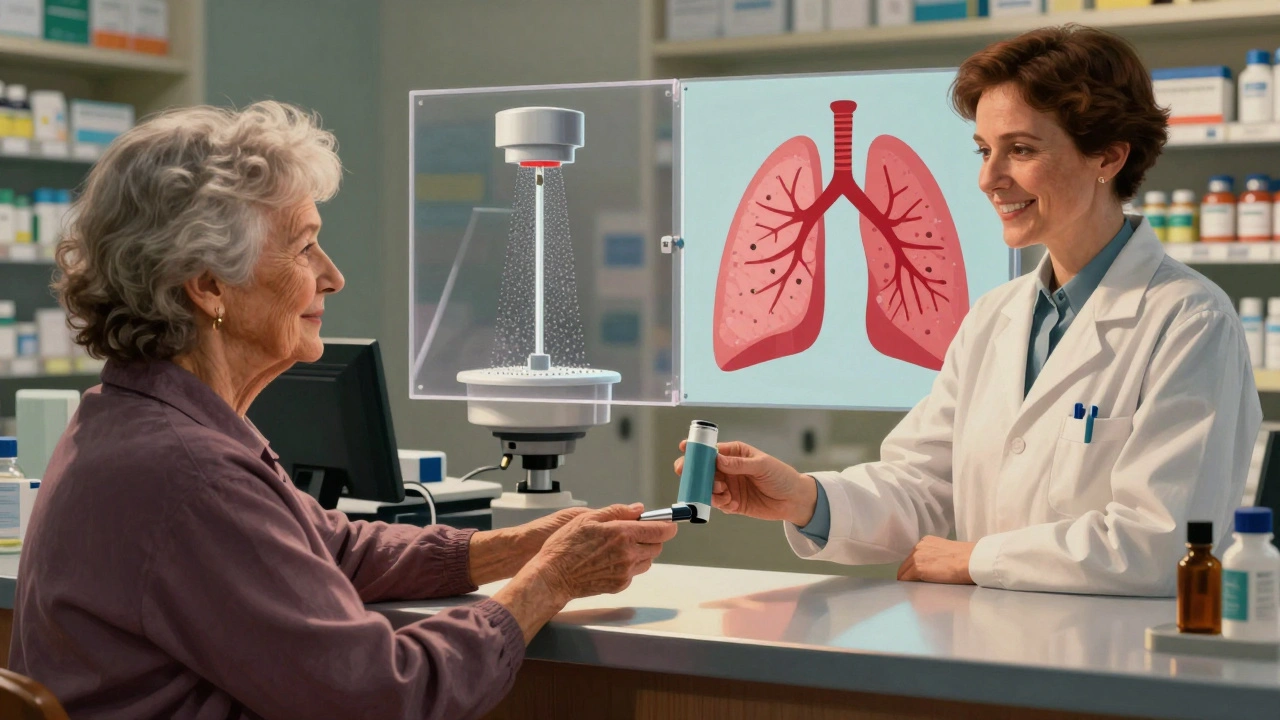 An elderly woman receiving a generic inhaler at a pharmacy, with a split visual showing lab equipment and a stylized lung.