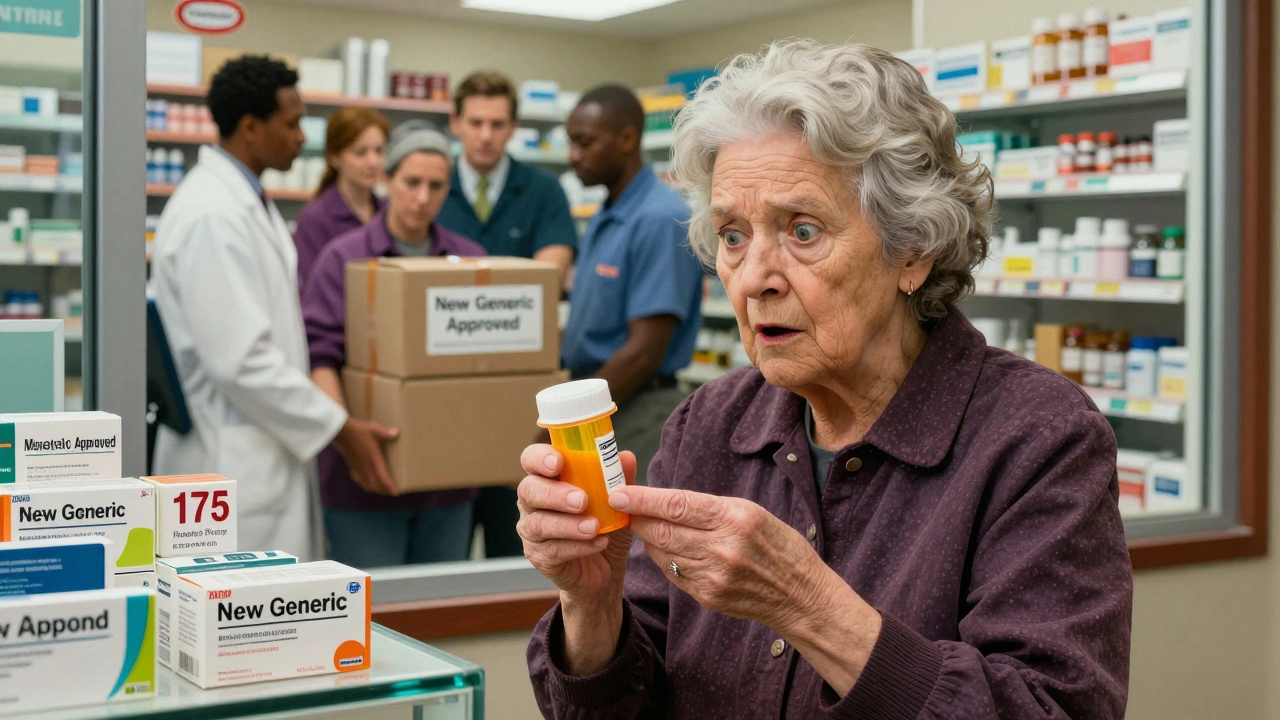 An elderly woman shocked by a high drug price, while factory workers ship new generic versions through the window.