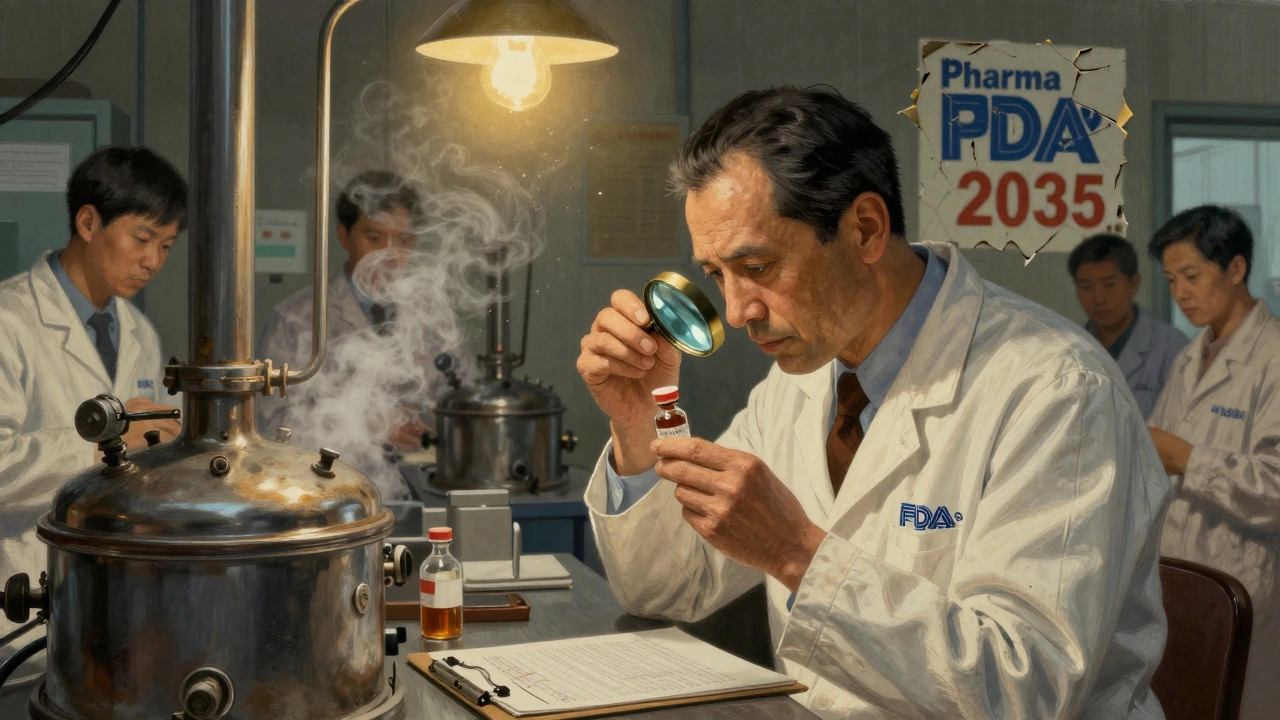 An FDA inspector examines a vial in a Chinese pharmaceutical factory, old machinery and peeling reform posters in the background.