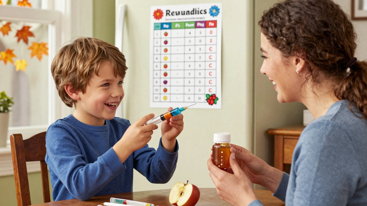 Child happily taking medicine from a syringe while parent holds a flavored bottle, reward chart visible in background.