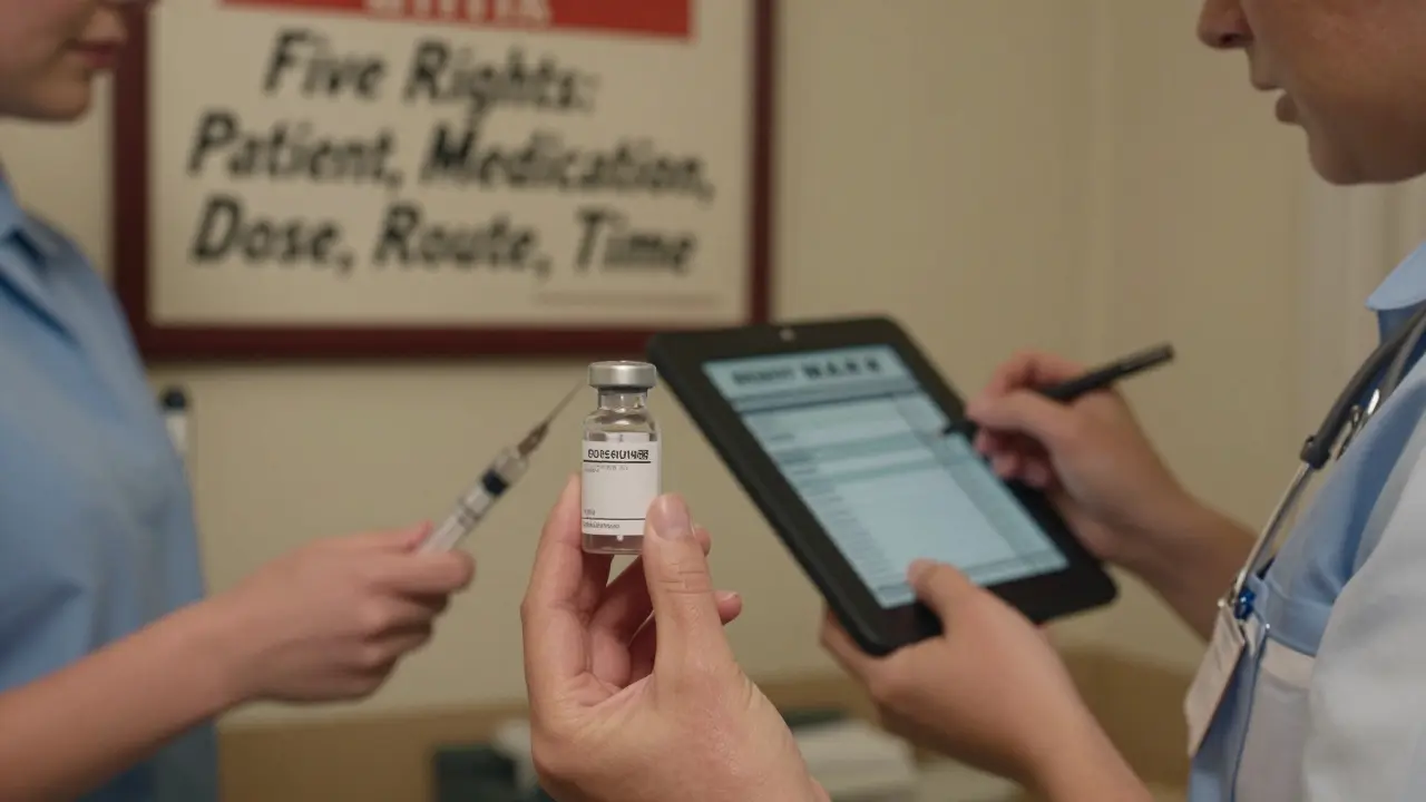 Close-up of a nurse holding concentrated potassium vial, second nurse signing electronic record, safety poster visible.
