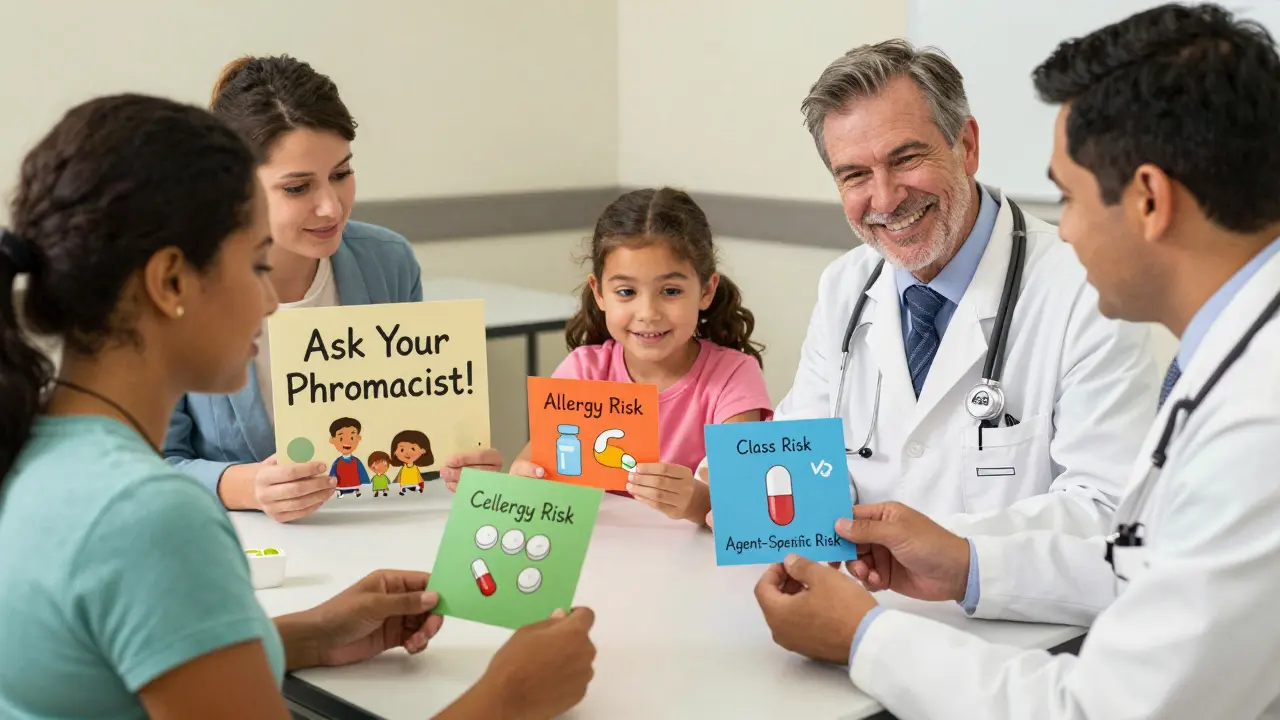 Community health fair with patients and doctors learning about drug risks using illustrated cards labeled 'Class Risk' and 'Agent-Specific Risk'.