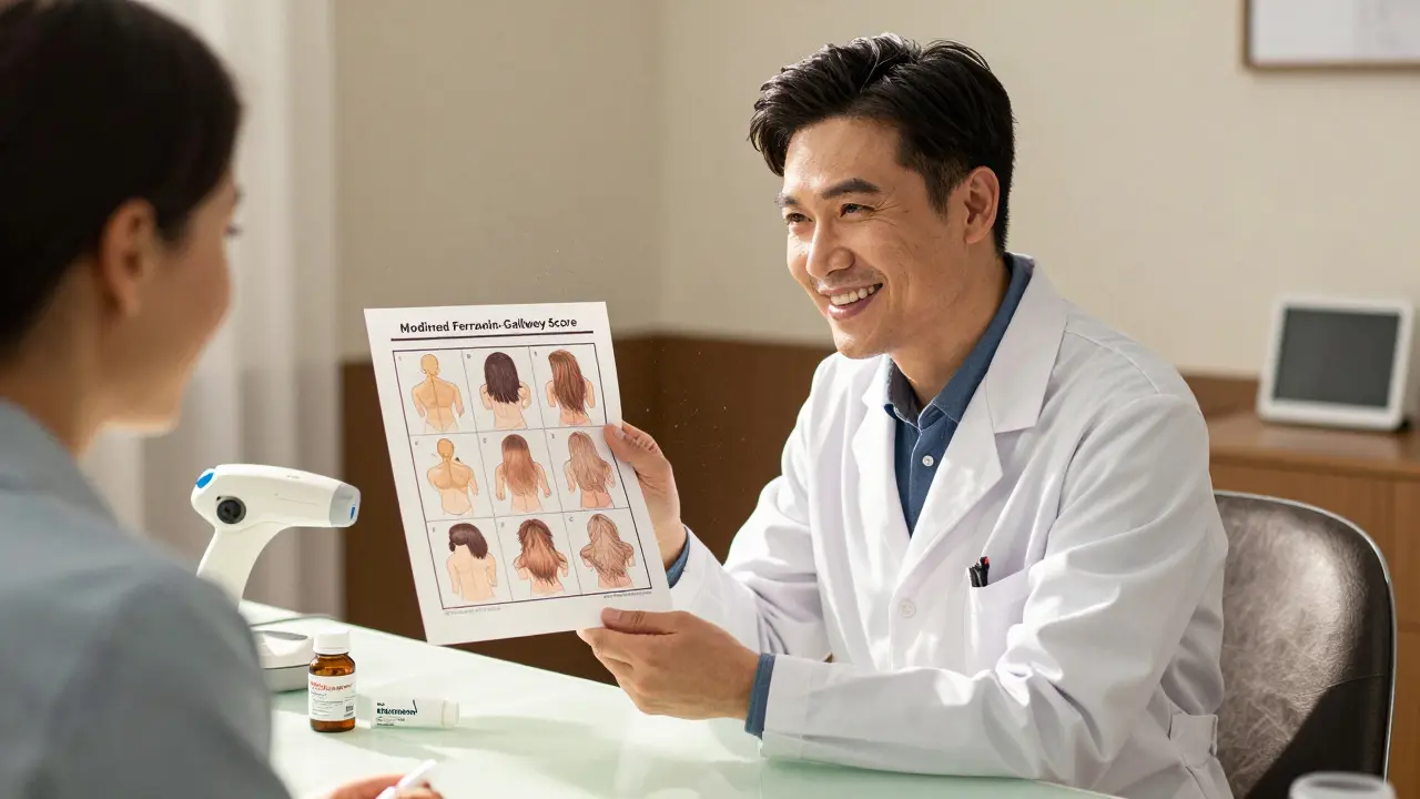 Dermatologist showing hair growth chart to patient, pill bottle and laser on desk