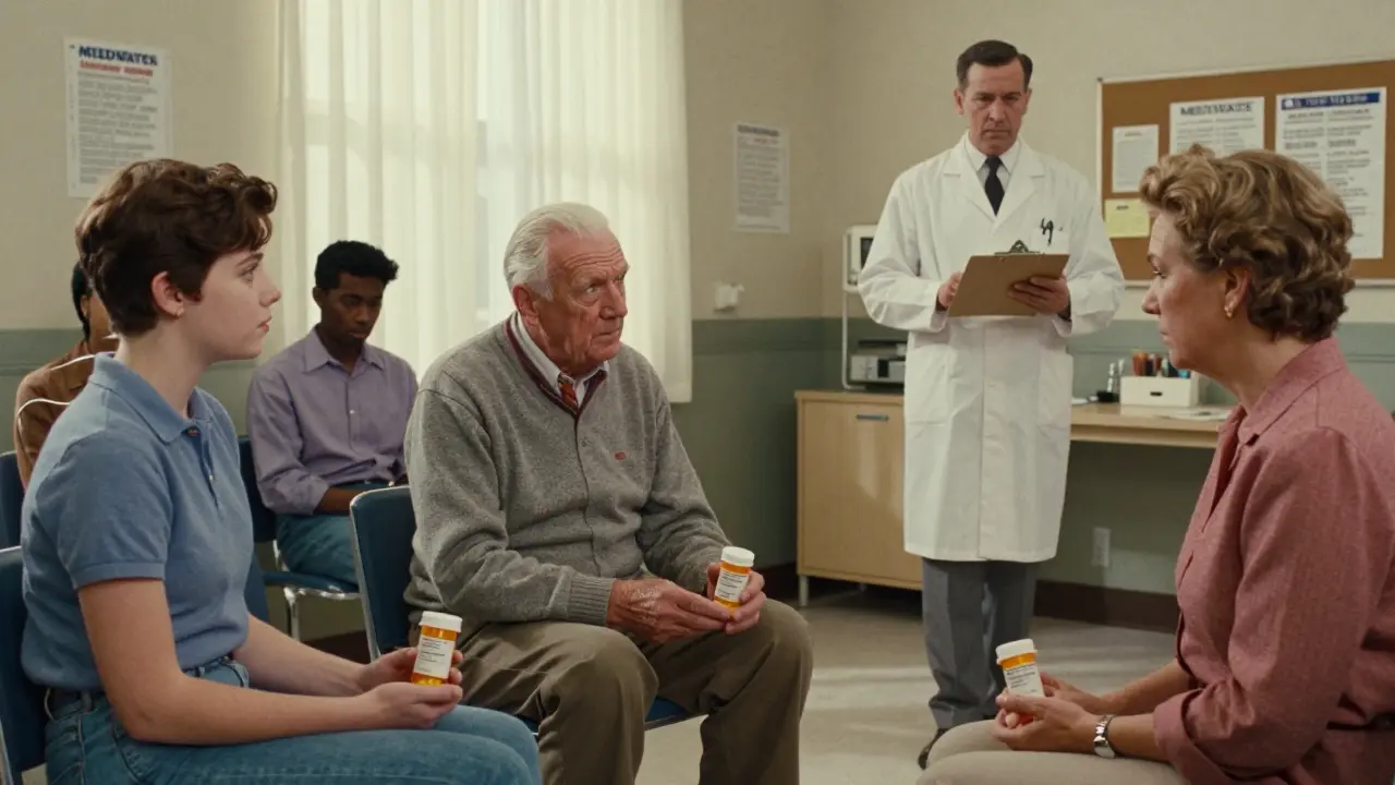 Diverse patients in a clinic waiting room each hold prescriptions with black box warnings, lost in thought.