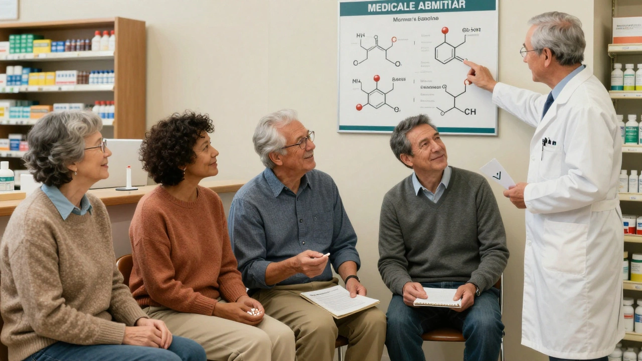 Diverse patients in a pharmacy wait calmly, holding different generic pills, while a pharmacist explains with a helpful poster.