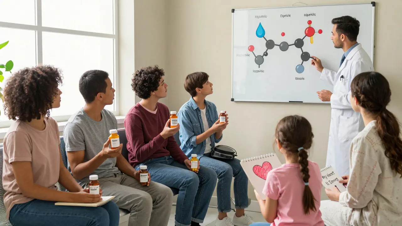 Diverse patients in clinic holding different statin bottles as doctor explains hydrophilic vs lipophilic molecules.