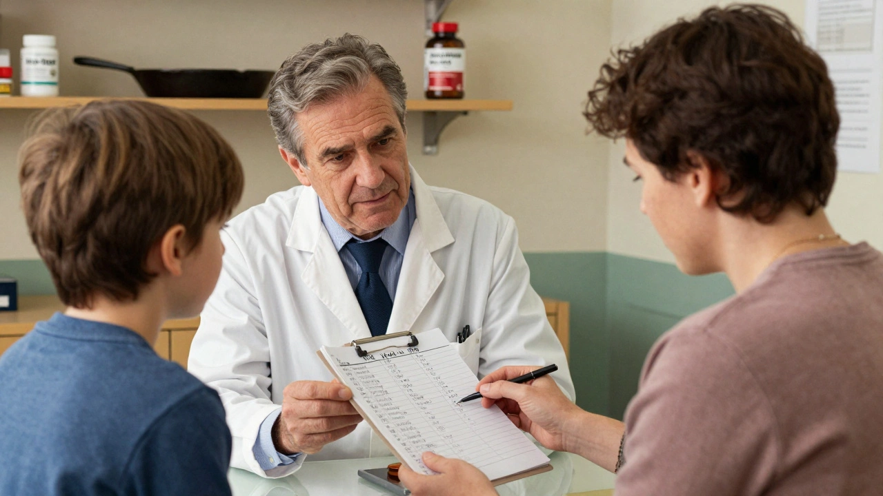 Doctor and patient reviewing medication schedule with iron-free vitamins visible.