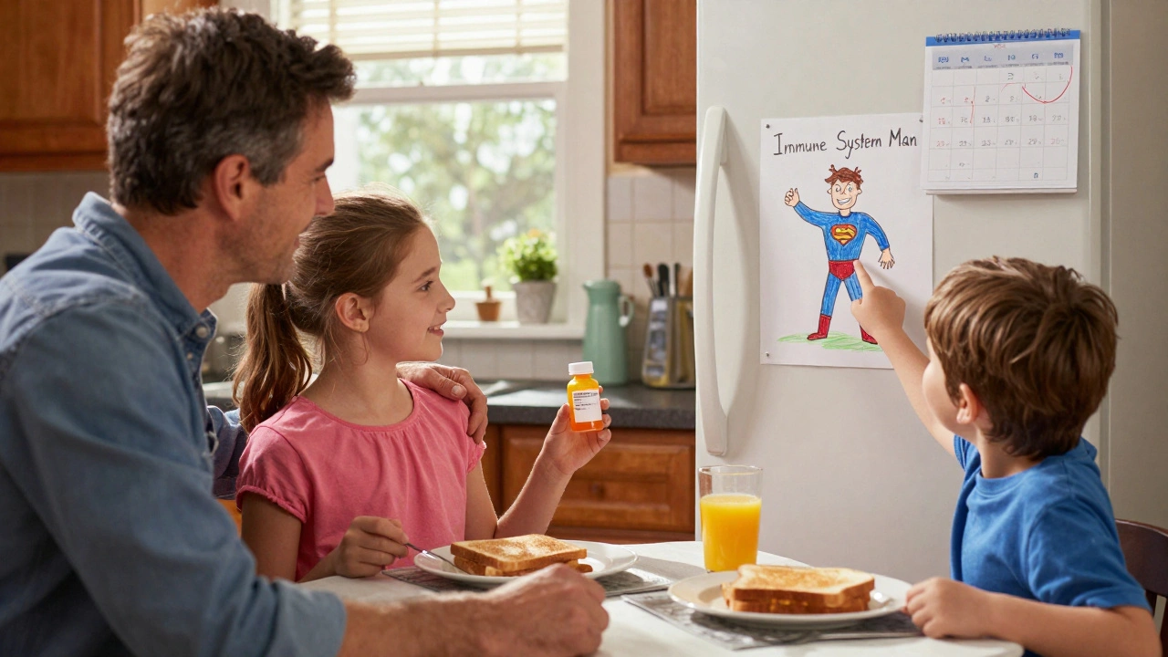 Family at dinner, daughter holds empty antibiotic bottle, brother points to immune system drawing on fridge.