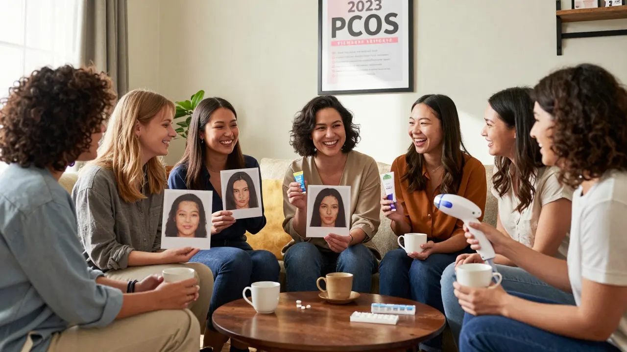 Group of women laughing together with before-and-after photos and PCOS treatment items