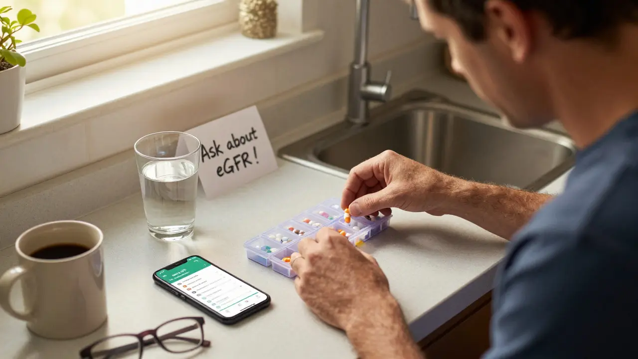 Man organizes medications at home with app and note reminding him to ask about eGFR.