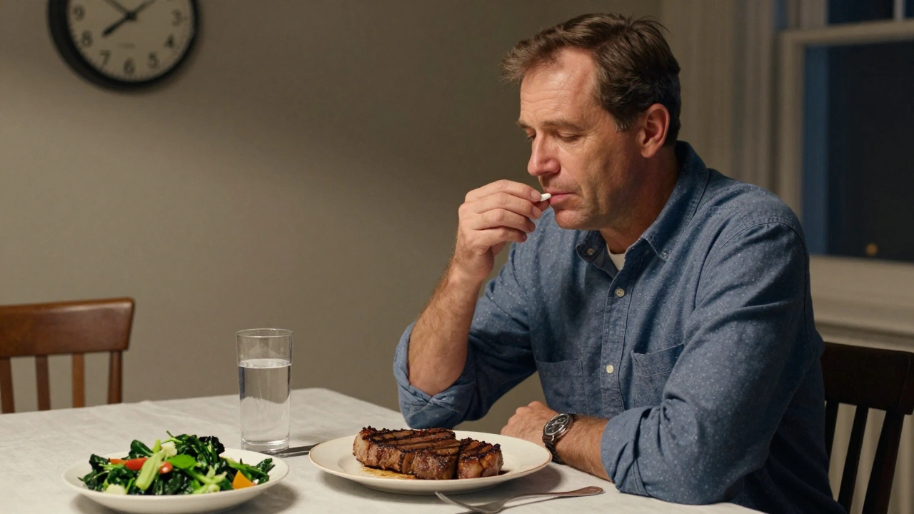Man taking thyroid pill at night, iron-rich dinner untouched on the table.
