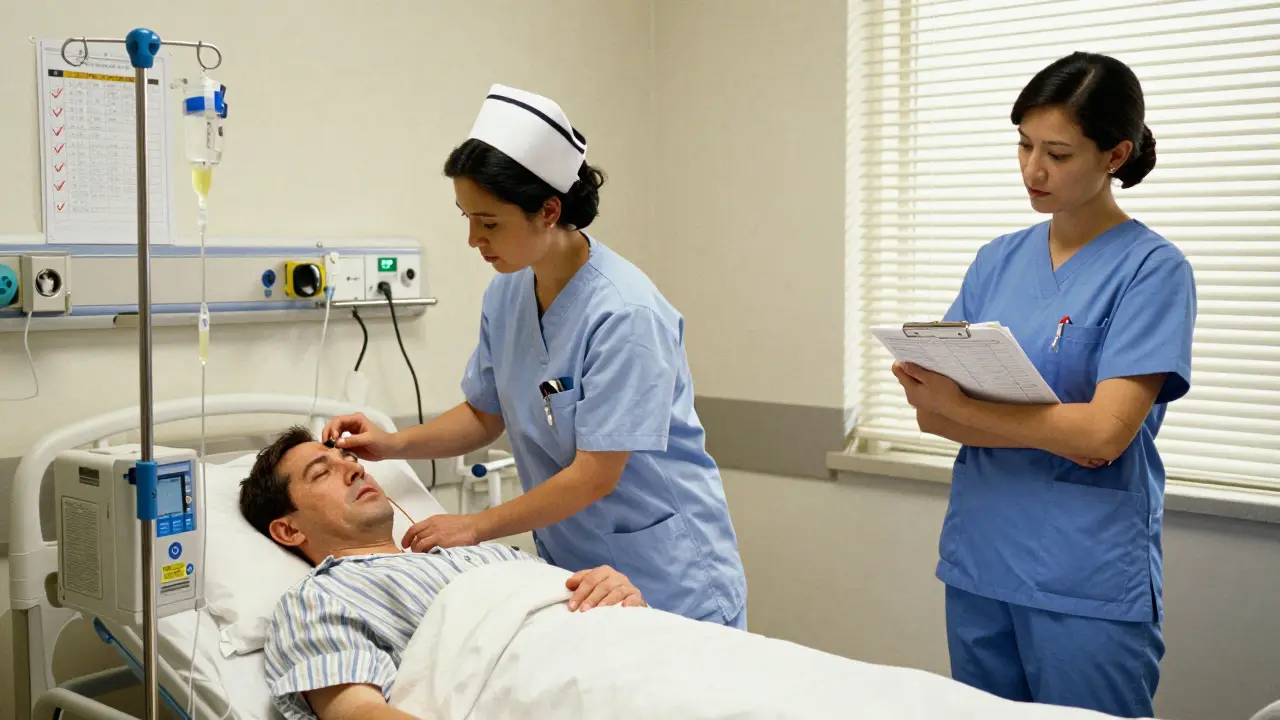 Nurse programming an IV pump while another reviews the order across the room, morning light highlighting safety checklist.