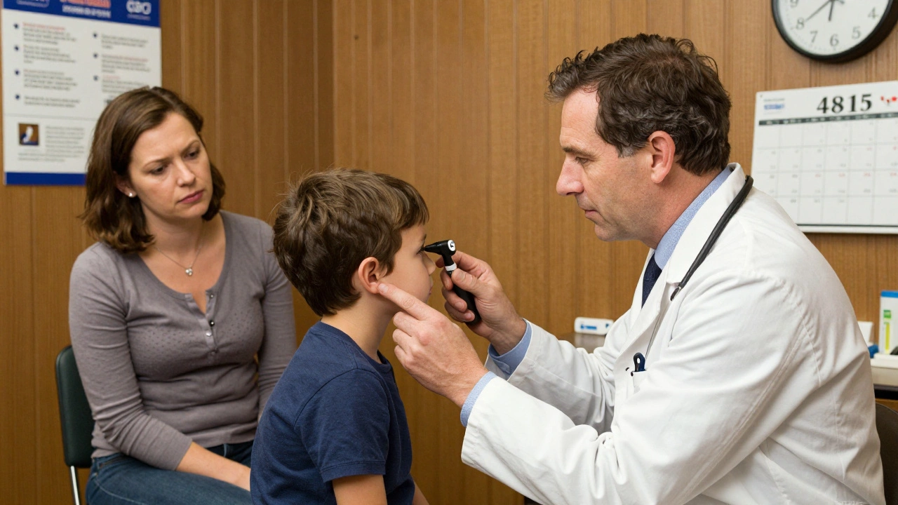 Pediatrician examining a child&#039;s ear in a cozy clinic, mother watching quietly as guidelines hang on the wall.