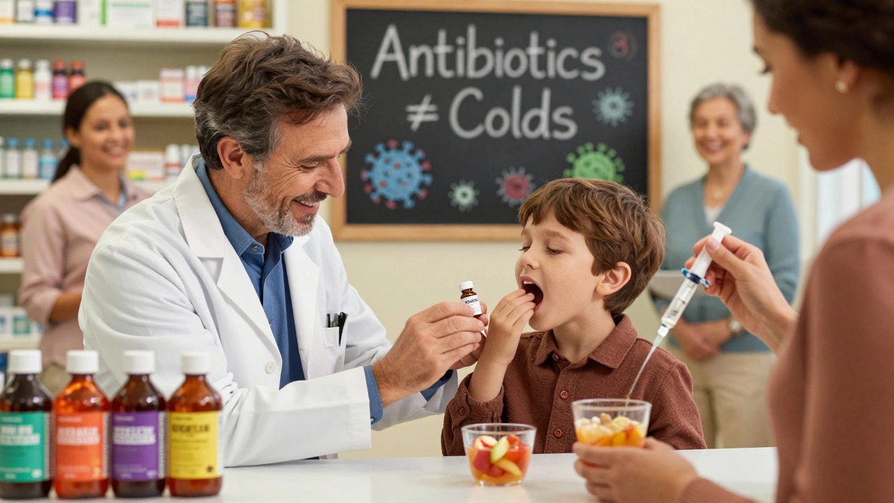 Pediatrician gives amoxicillin to child at pharmacy, parent using dosing syringe, cheerful atmosphere.