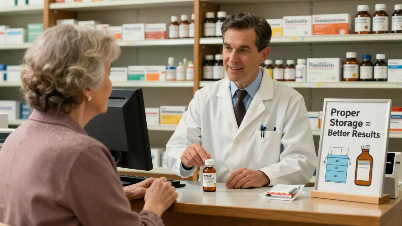 Pharmacist advising elderly woman about proper antibiotic storage at pharmacy counter.