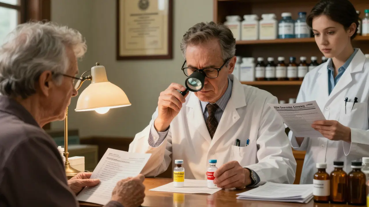 Pharmacist comparing insulin vials under a lamp, one with red warning, the other with yellow note, in a small-town pharmacy.