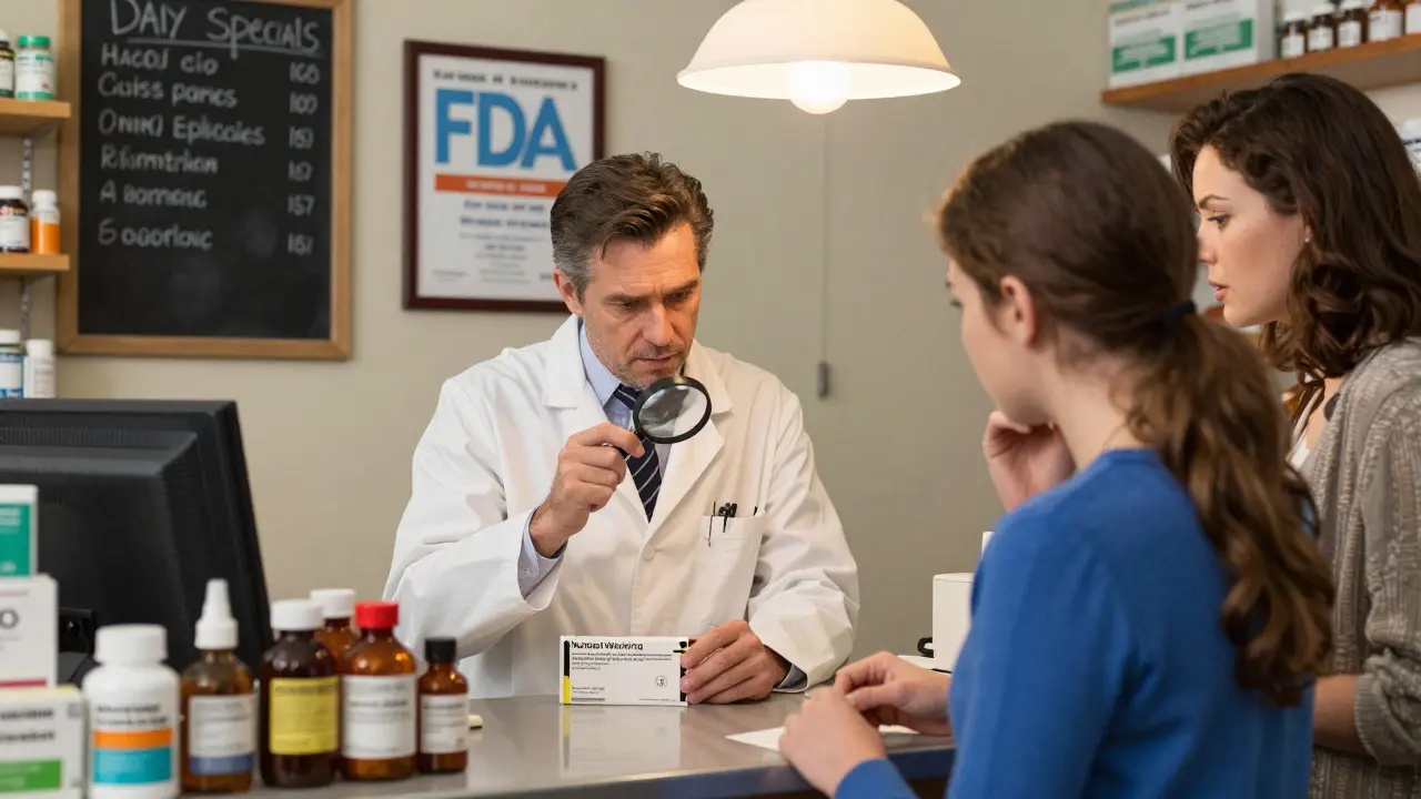 Pharmacist explains a black box warning to a woman and her mother at a classic drugstore counter.