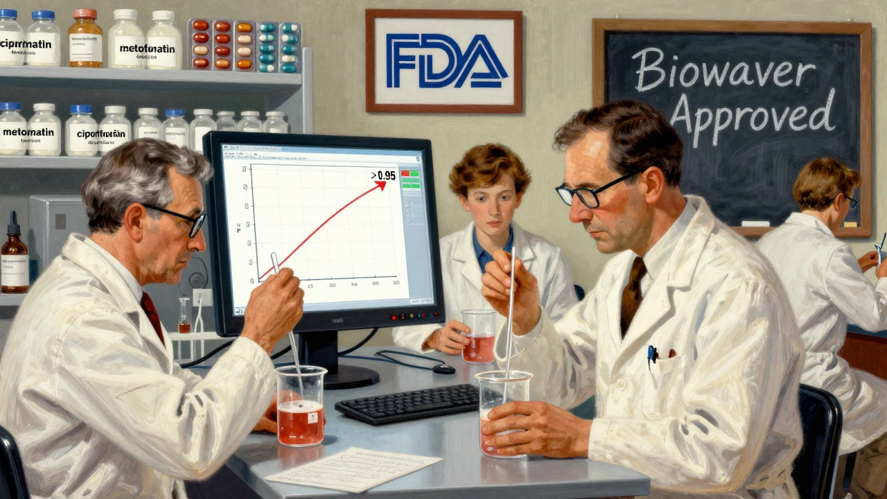 Scientists in a lab testing drug dissolution with an IVIVC graph on screen and tablets labeled metformin and ciprofloxacin on shelves.