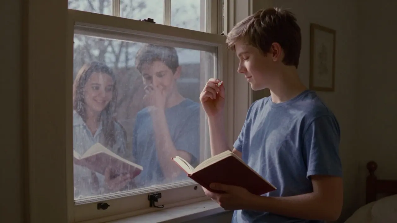 Teen holding pill and journal at window, reflection shows hopeful future self.