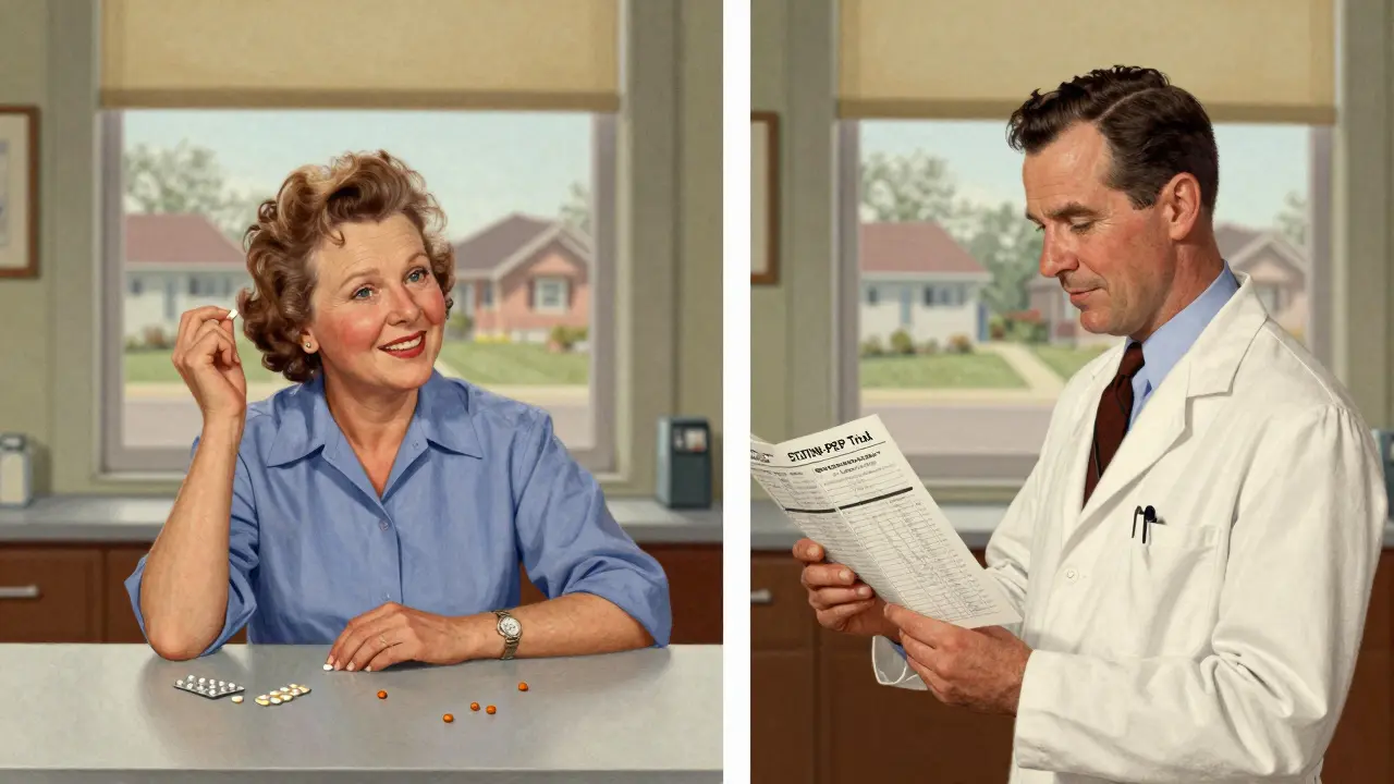 Woman taking pravastatin with CoQ10 beside a man holding a genetic test chart in a quiet clinic setting.