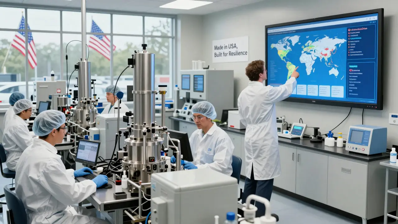 Workers monitor a modern U.S. pharmaceutical production line with digital supply chain dashboards in the background.