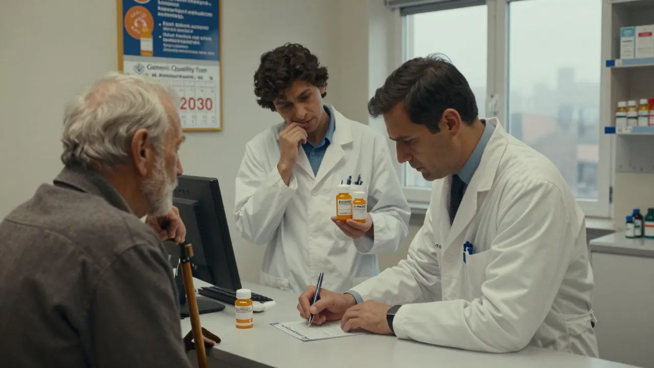 A doctor writes 'Do Not Substitute' on a prescription as a pharmacist holds two identical pills from different countries in a quiet European pharmacy.