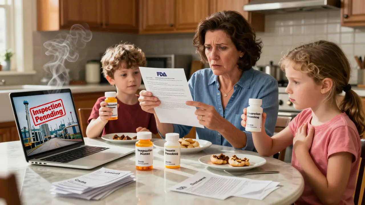 A family at breakfast compares generic medication bottles from different countries, one member checking her pulse with concern.