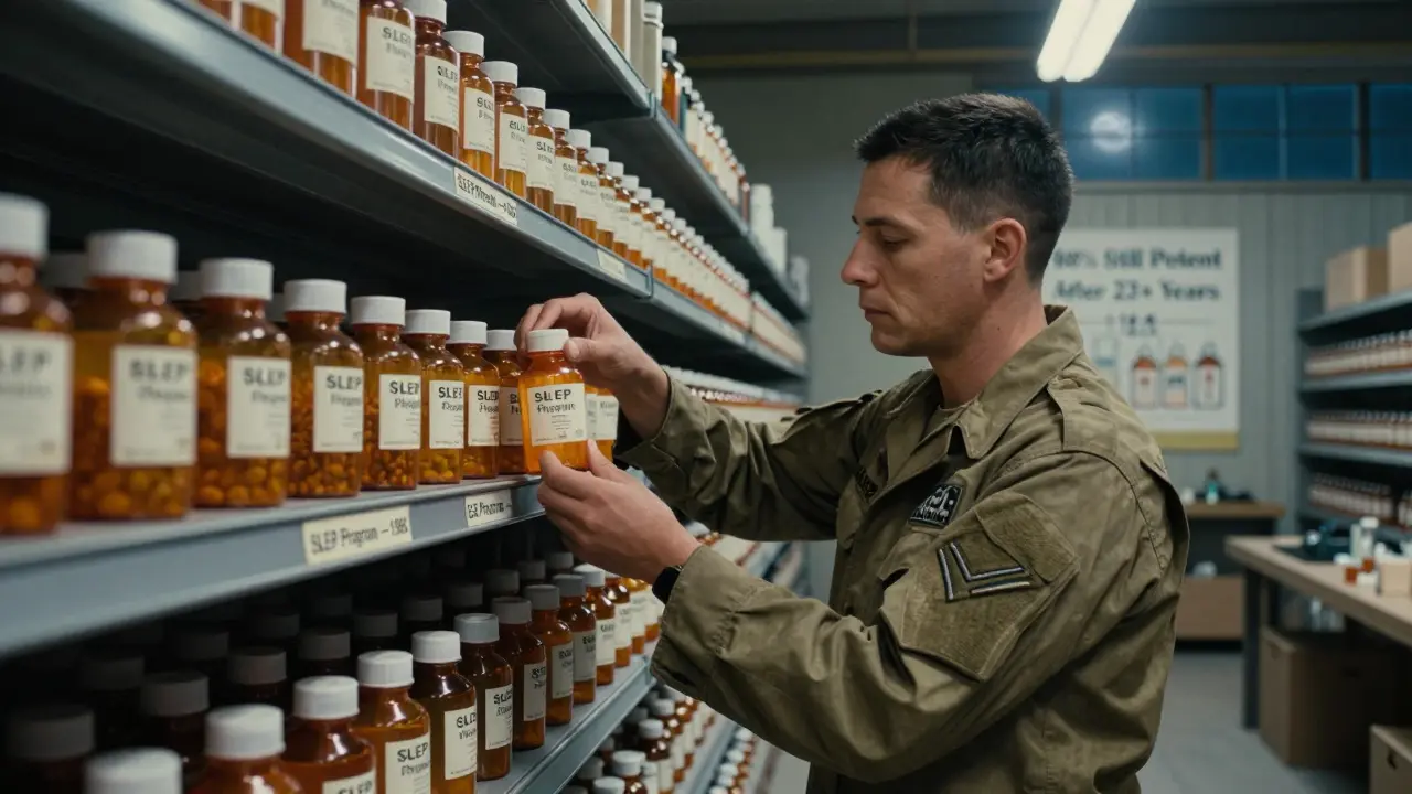 A military technician carefully handles an old, sealed pill bottle in a well-organized storage room.