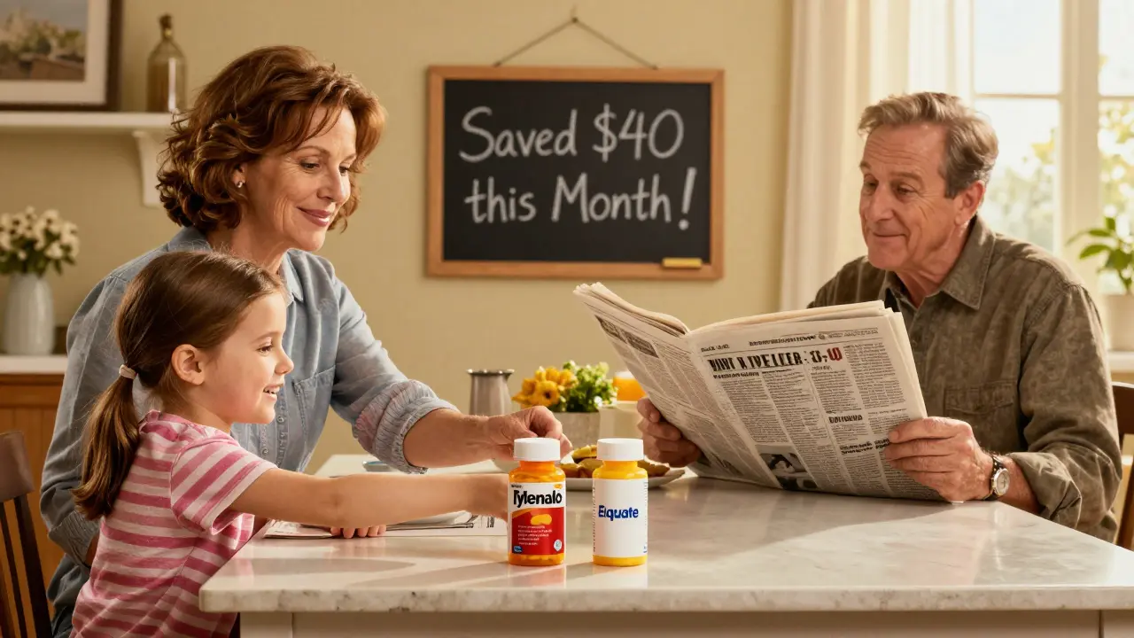 A mother and daughter choose a store-brand pill at home, with a father smiling and a chalkboard showing savings.