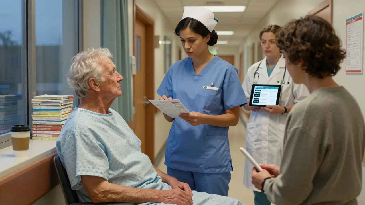 A nurse and pharmacist reviewing medication lists with a senior patient in a hospital hallway.
