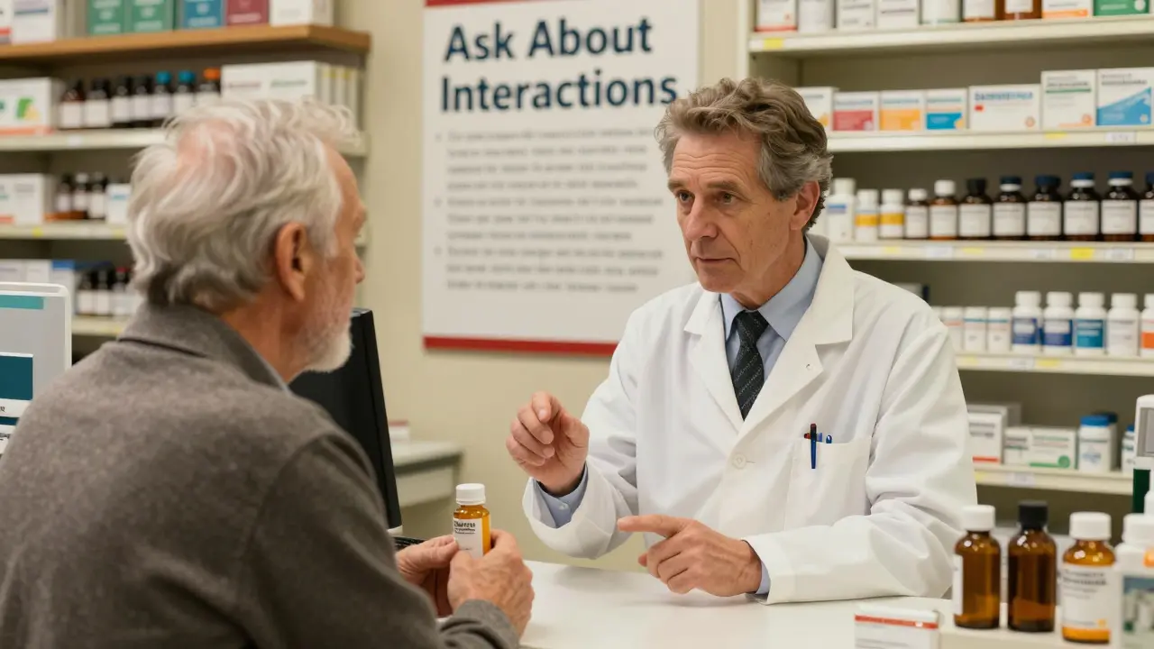 A pharmacist advising an older patient about safe HIV medication alternatives in a community pharmacy.