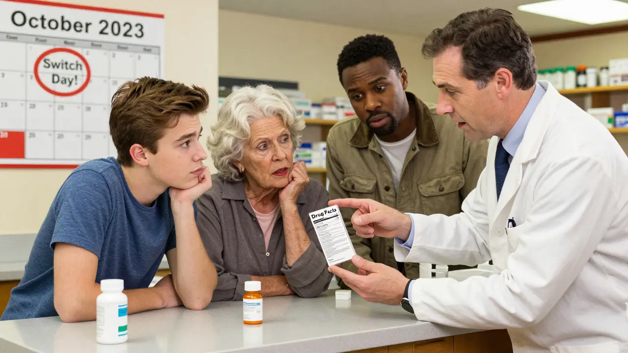 A pharmacist explains drug labels to a diverse group of customers at a kitchen counter, highlighting smart medication choices.