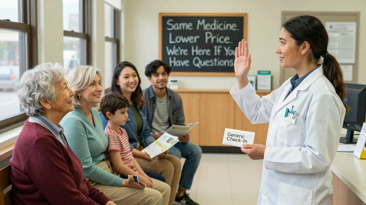 A pharmacist greets a patient at a community clinic with a check-in envelope, surrounded by diverse, calm patients.