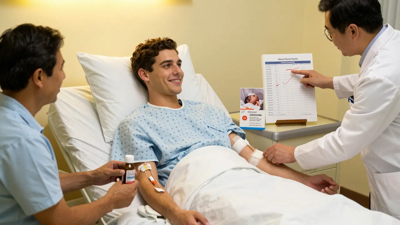 A recovering patient smiles as a nurse administers a transfusion, with a medical alert card and acetaminophen on the bedside table.