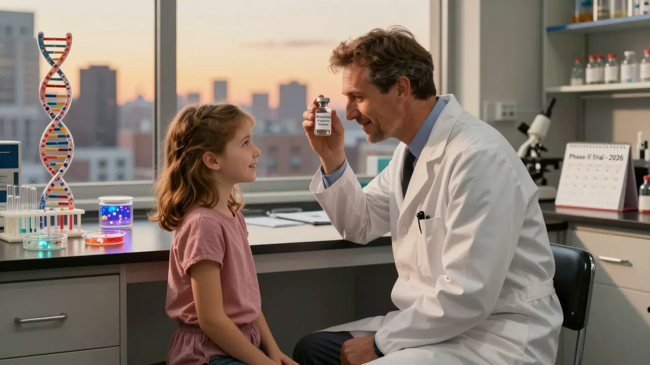 A scientist and young girl holding a personalized cancer vaccine vial, surrounded by DNA research in a lab bathed in golden evening light.