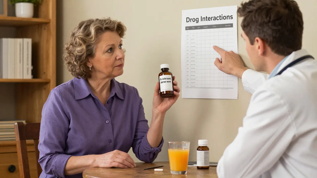 A woman discussing supplements with her doctor, showing grapefruit juice and blood pressure pills.