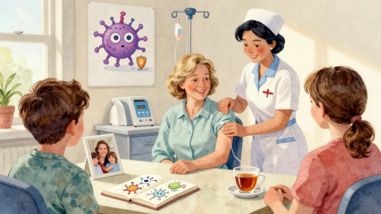 A woman receiving immunotherapy in a sunlit infusion room, with family nearby and a cartoon immune cell on the wall, radiating calm hope.