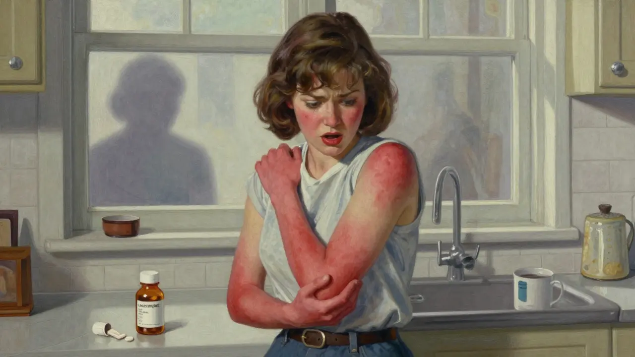A young woman discovers a severe rash after taking medication, shocked in her kitchen with the drug bottle visible.