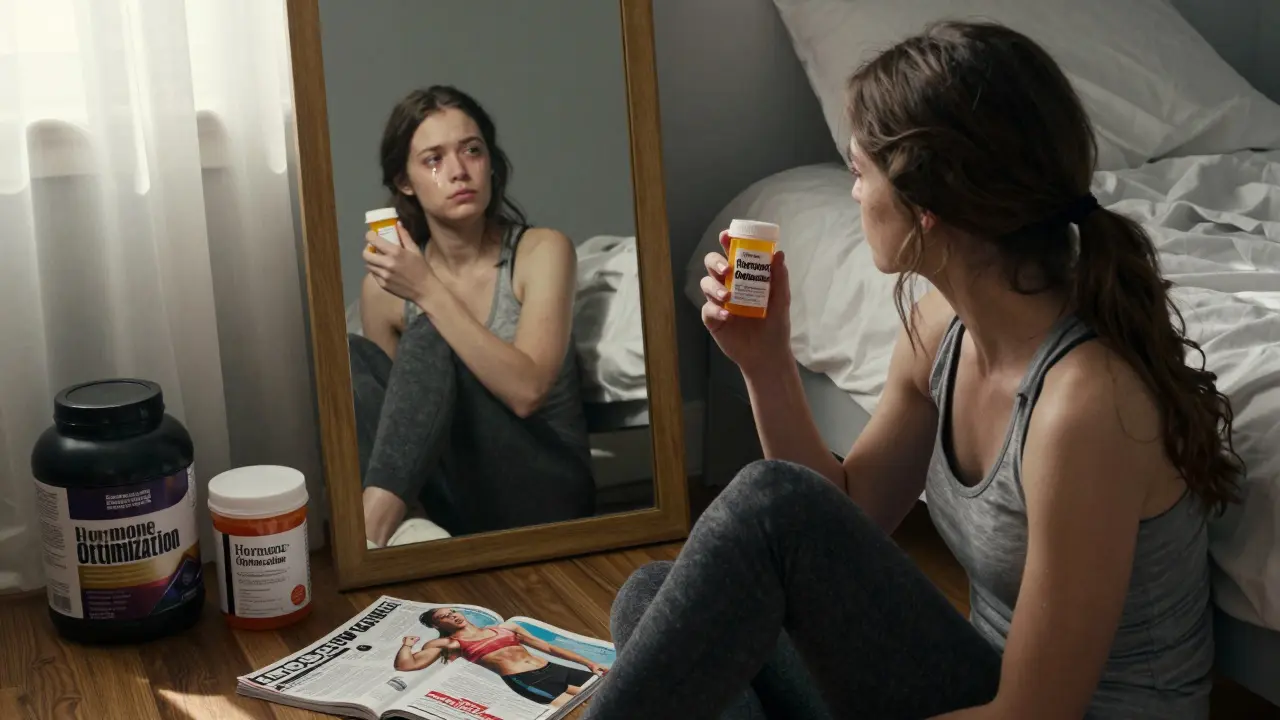 A young woman in her bedroom, holding a hormone bottle, tears falling as she stares at her reflection.