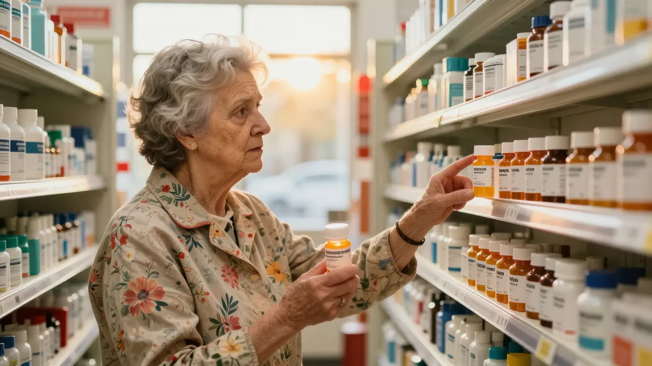 An elderly woman and pharmacist examine medication bottles in a pharmacy, with a subtle warning glow above statin and antibiotic labels.