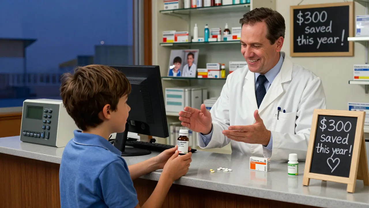 Boy receiving a generic medicine bottle from a smiling pharmacist at the pharmacy counter.