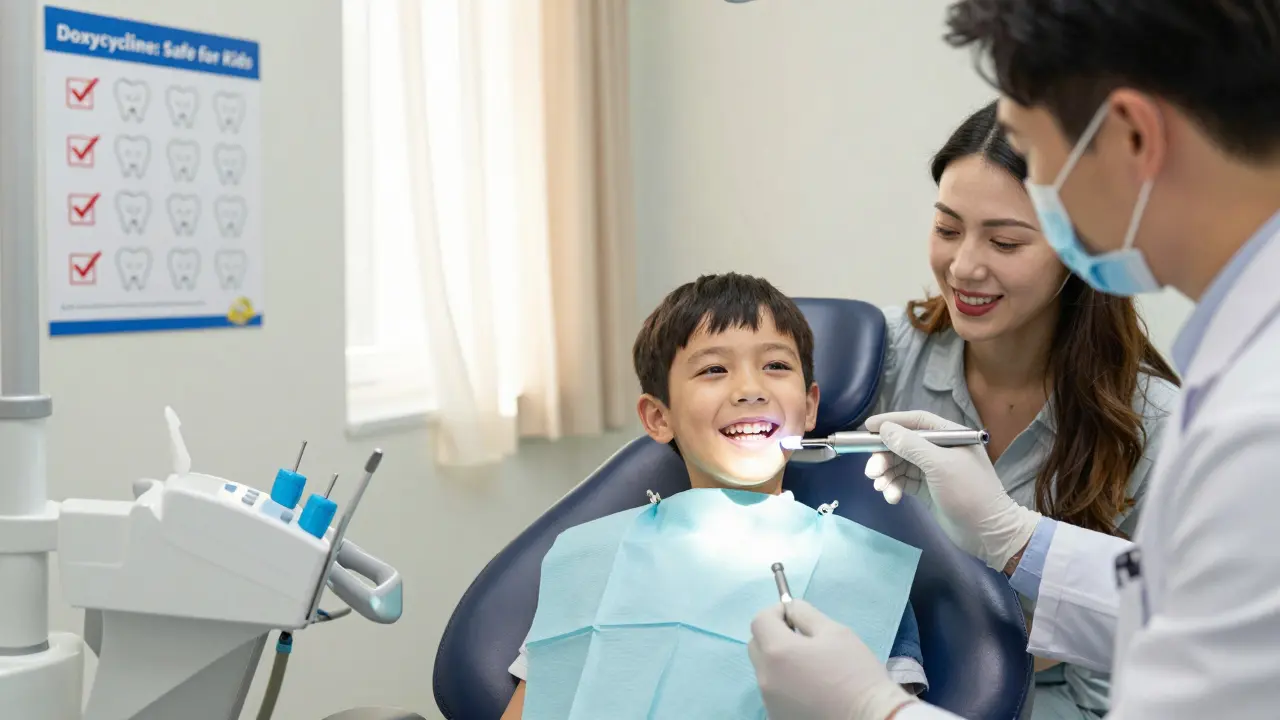 Child smiling at dentist under UV light, no tooth discoloration, parents watching with relief.