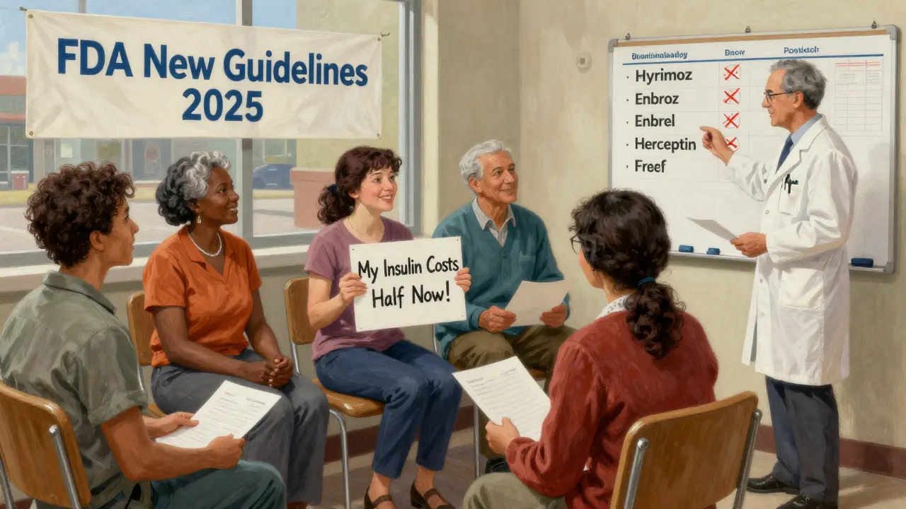 Diverse group in clinic celebrating biosimilar access with price signs and doctor