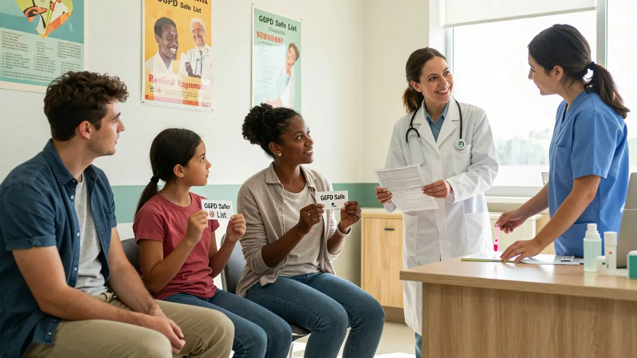 Diverse patients receive safe medication lists from a pharmacist in a community clinic, with a fluorescent test kit visible.