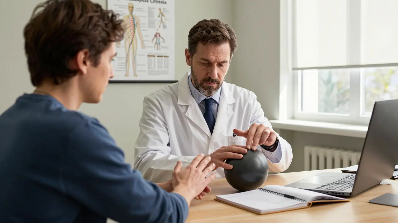 Doctor and physiotherapist gently helping a patient with CRPS therapy in a sunlit office.